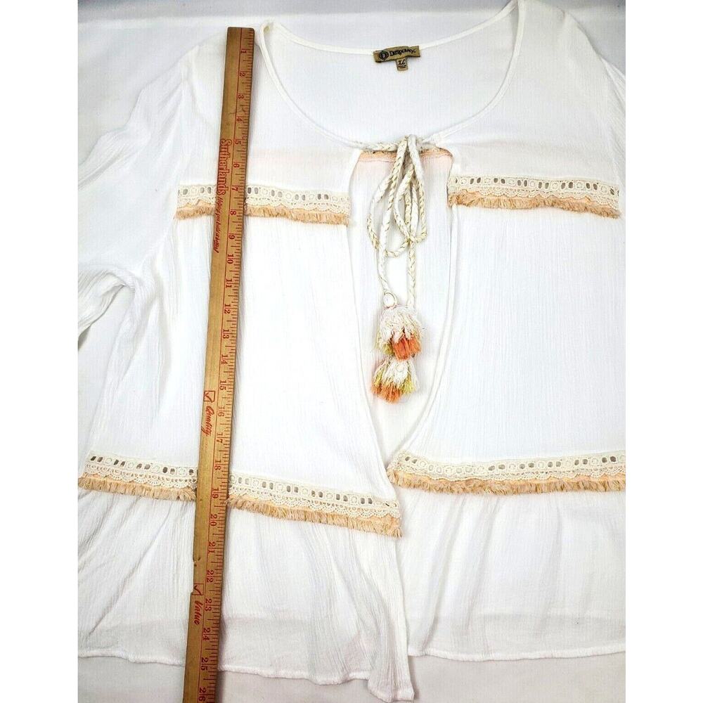 Democracy Womens Top Size XL Rayon Ivory White Bell Sleeves Gauze Tassel Tie - Picture 5 of 6